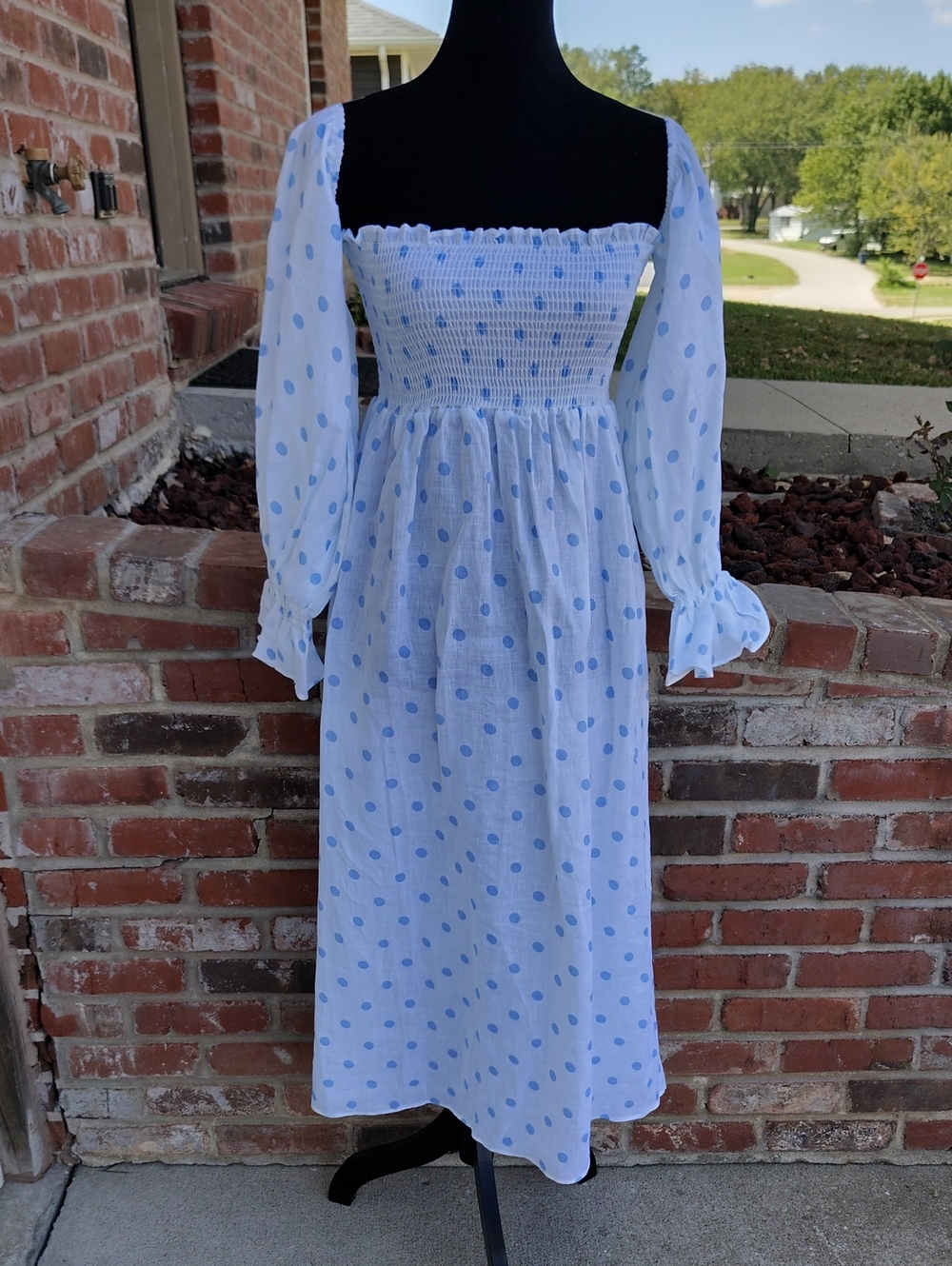 Petal + Pup Linen Polka Dot Lantern Sleeves Milkmaid Midi Dress Size 4 Coastal